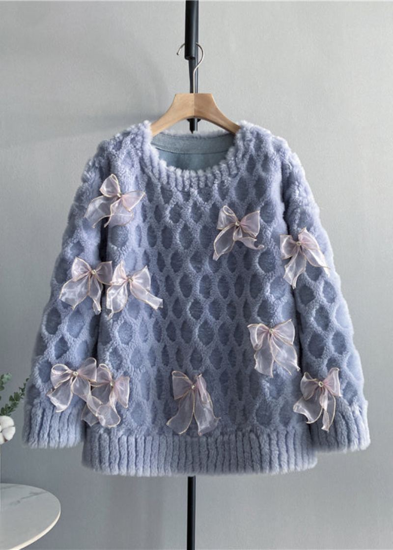 Pull En Laine Bleu Élégant À Col Rond Et Nœud Haut D'hiver