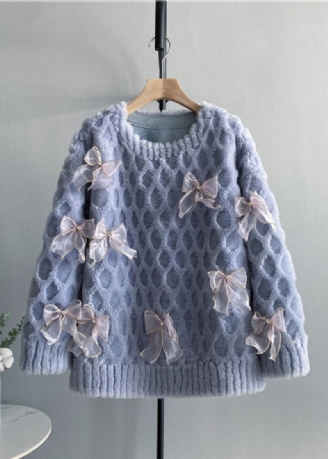 Pull En Laine Bleu Élégant À Col Rond Et Nœud Haut D'hiver