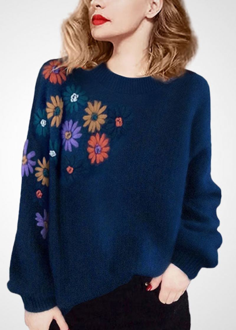 Pull En Laine Brodé À Fleurs Bleu Grande Taille Col Rond Hiver