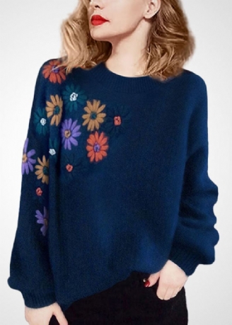 Pull En Laine Brodé À Fleurs Bleu Grande Taille Col Rond Hiver