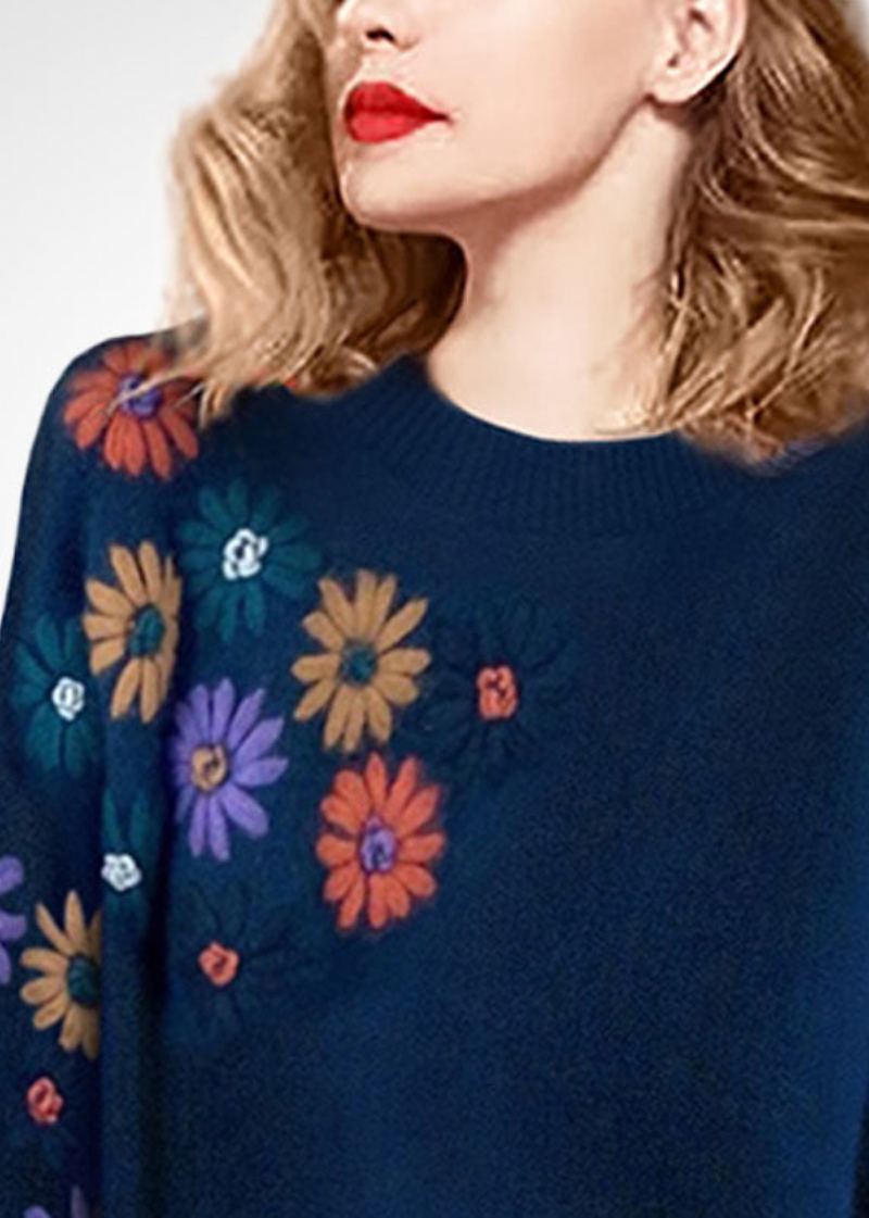 Pull En Laine Brodé À Fleurs Bleu Grande Taille Col Rond Hiver - Manteaux en laine femmes