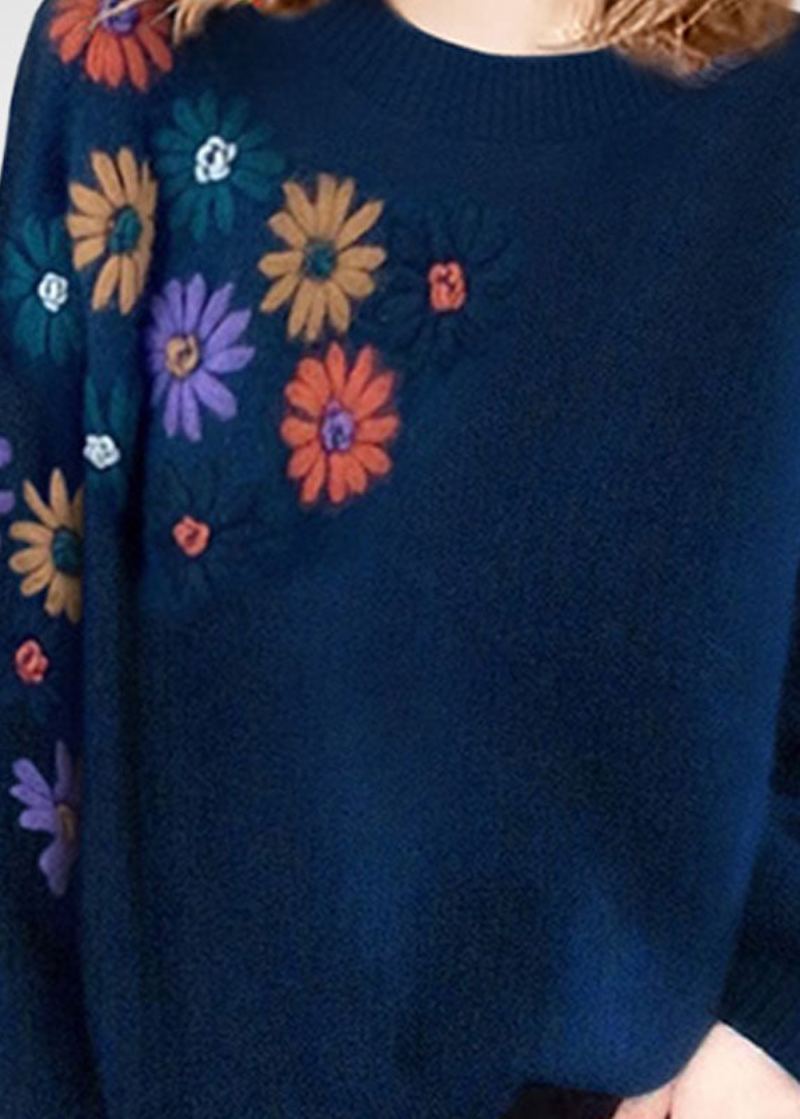 Pull En Laine Brodé À Fleurs Bleu Grande Taille Col Rond Hiver - Manteaux en laine femmes