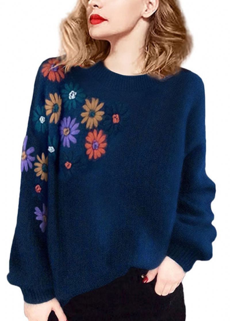 Pull En Laine Brodé À Fleurs Bleu Grande Taille Col Rond Hiver - Manteaux en laine femmes