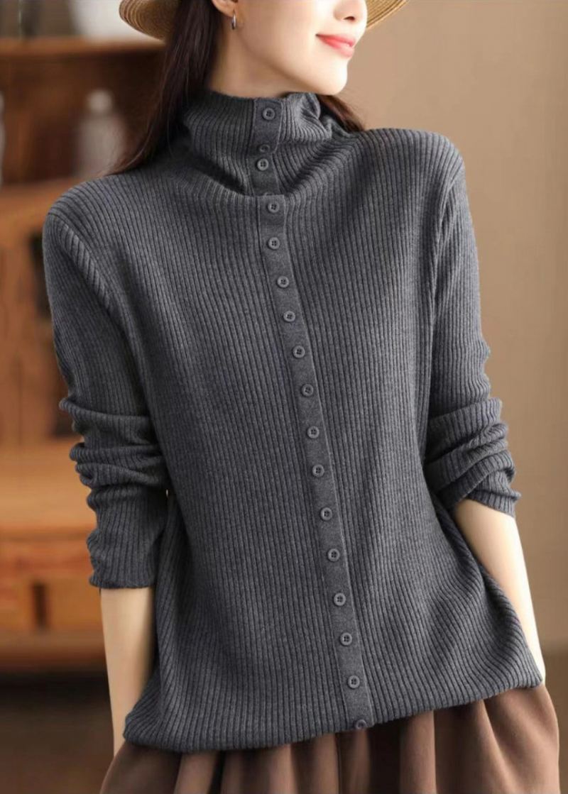 Pull En Laine Chaud À Col Haut Gris Design Original Automne