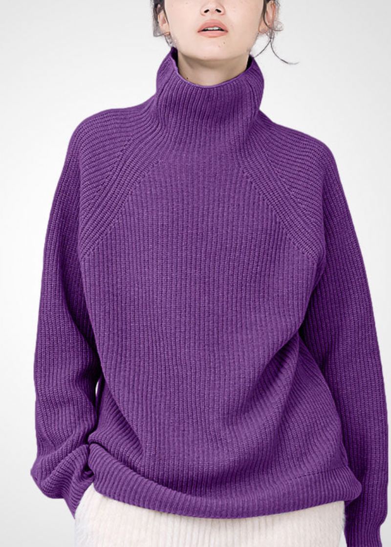 Pull En Laine Confortable À Col Roulé Violet Pour Femme Hauts D'hiver