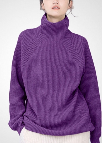 Pull En Laine Confortable À Col Roulé Violet Pour Femme Hauts D'hiver