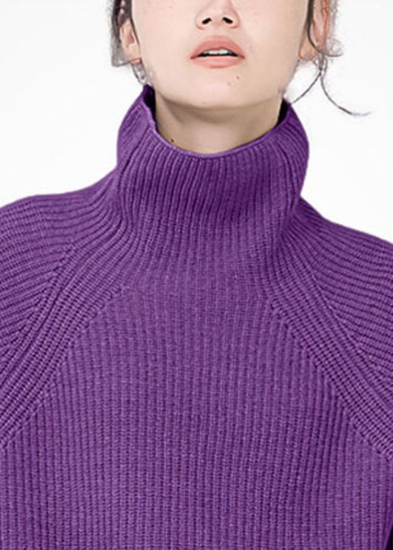 Pull En Laine Confortable À Col Roulé Violet Pour Femme Hauts D'hiver - Manteaux en laine femmes