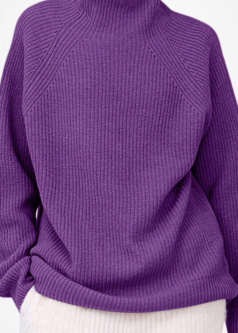 Pull En Laine Confortable À Col Roulé Violet Pour Femme Hauts D'hiver - Manteaux en laine femmes