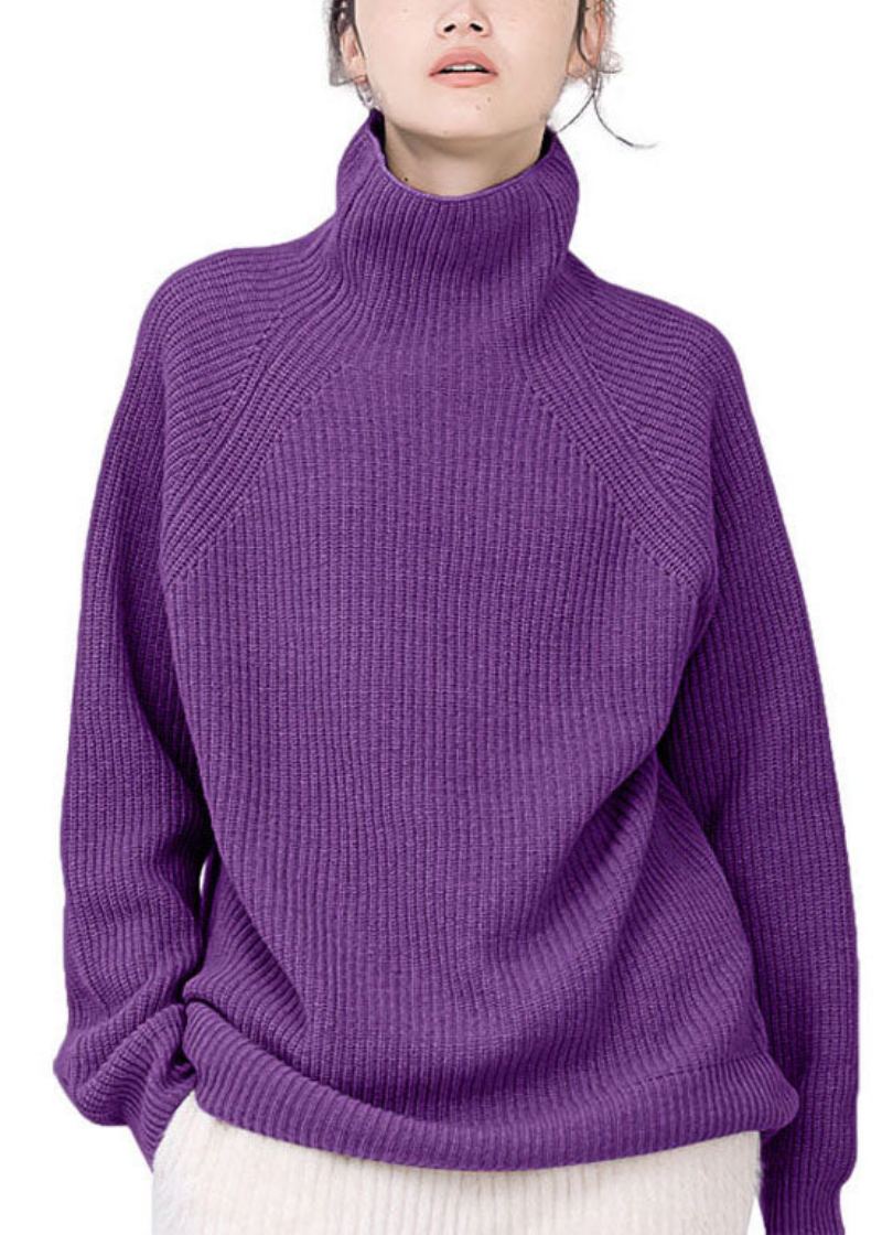 Pull En Laine Confortable À Col Roulé Violet Pour Femme Hauts D'hiver - Manteaux en laine femmes