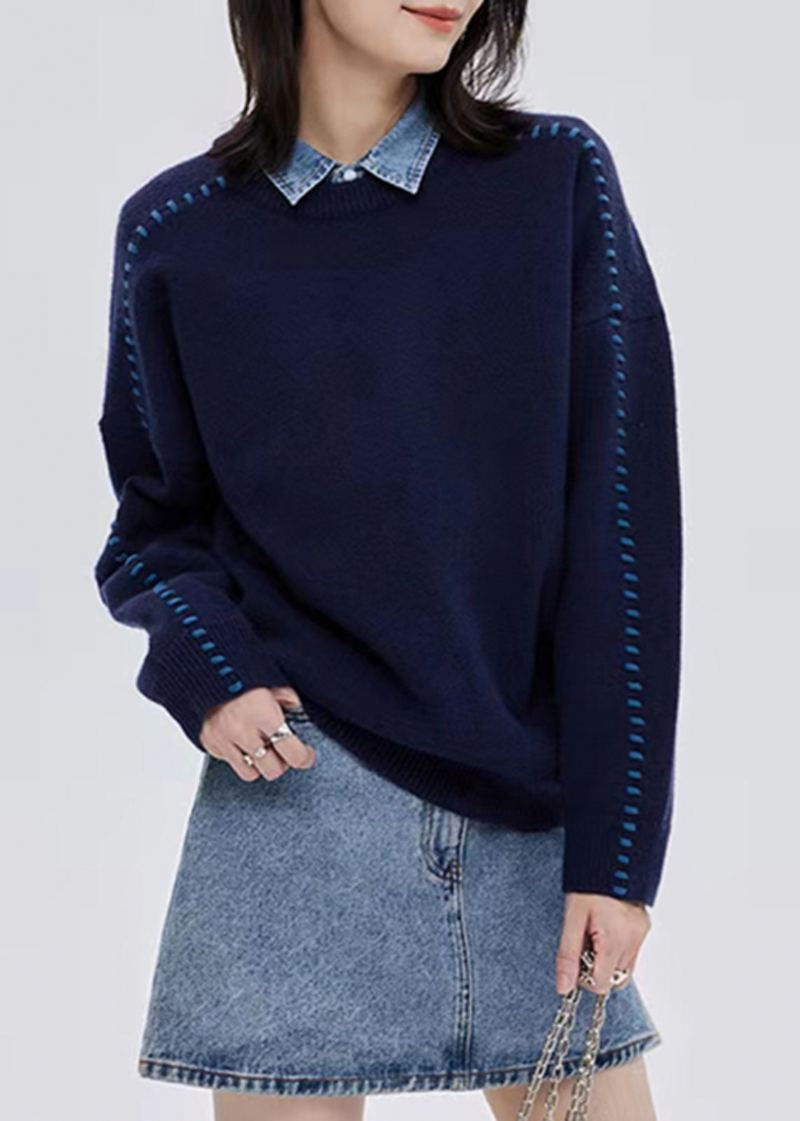 Pull En Laine Épais À Col Rond De La Marine Italienne Hauts En Patchwork Automne - Manteaux en laine femmes