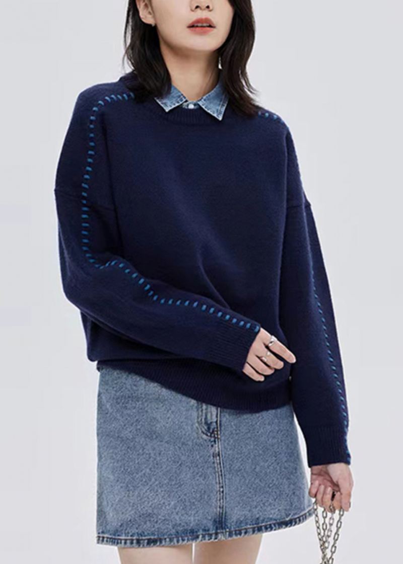 Pull En Laine Épais À Col Rond De La Marine Italienne Hauts En Patchwork Automne - Manteaux en laine femmes