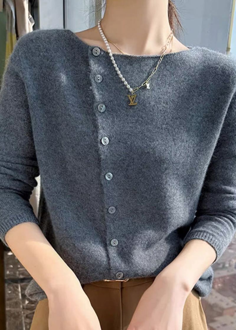 Pull En Laine Jaune À Col Rond Et Boutons Style Simple Hauts D'automne - Manteaux en laine femmes