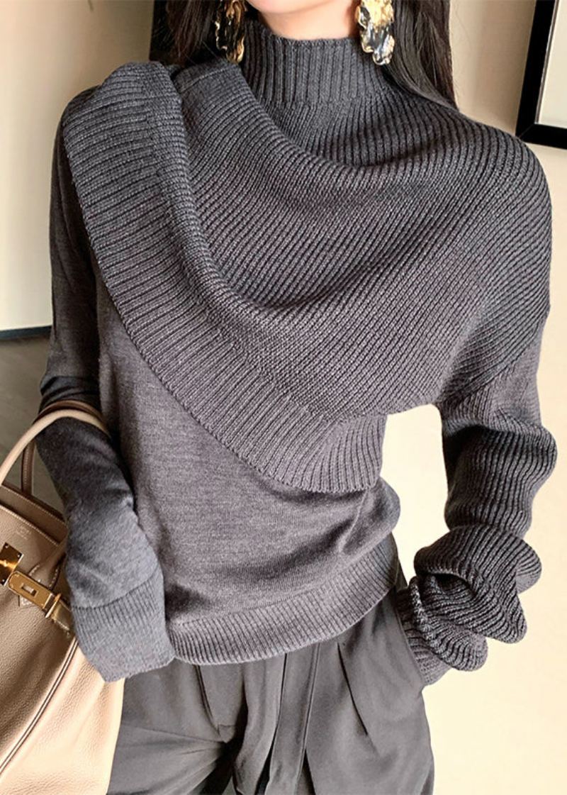 Pull En Laine Tricoté À Col Haut Faux Deux Pièces Gris Foncé Français Printemps - Manteaux en laine femmes