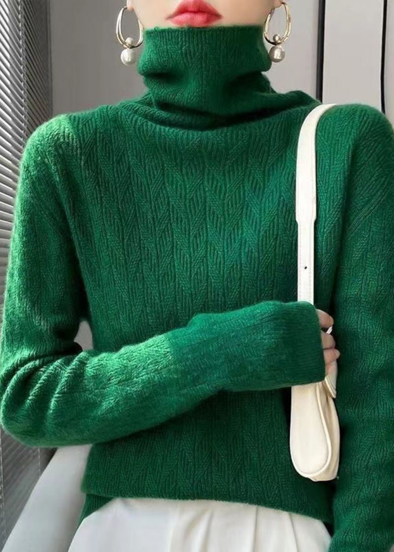 Pull En Laine Tricoté À Col Haut Vert Élégant Patchwork D'automne