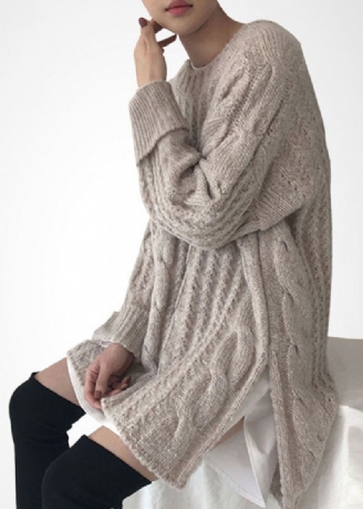 Pull Long En Tricot Torsadé En Laine Beige Français Col Rond Ouvert Sur Le Côté Hiver