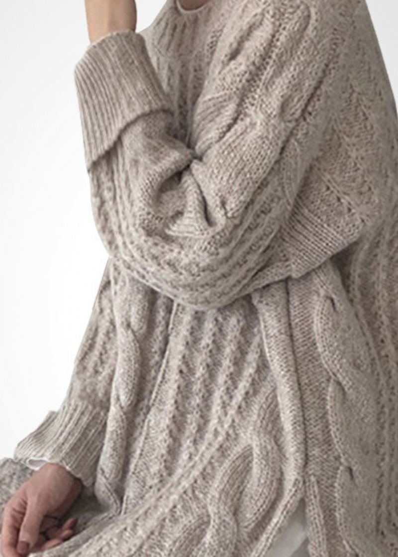 Pull Long En Tricot Torsadé En Laine Beige Français Col Rond Ouvert Sur Le Côté Hiver - Manteaux en laine femmes