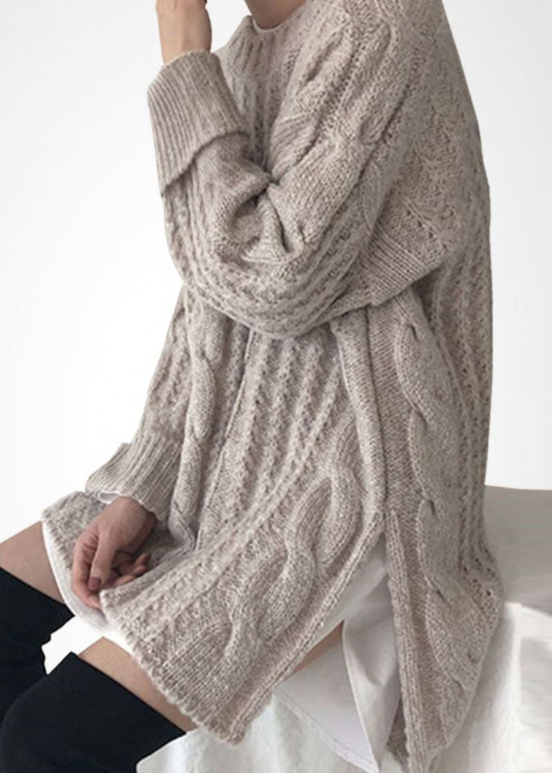 Pull Long En Tricot Torsadé En Laine Beige Français Col Rond Ouvert Sur Le Côté Hiver - Manteaux en laine femmes