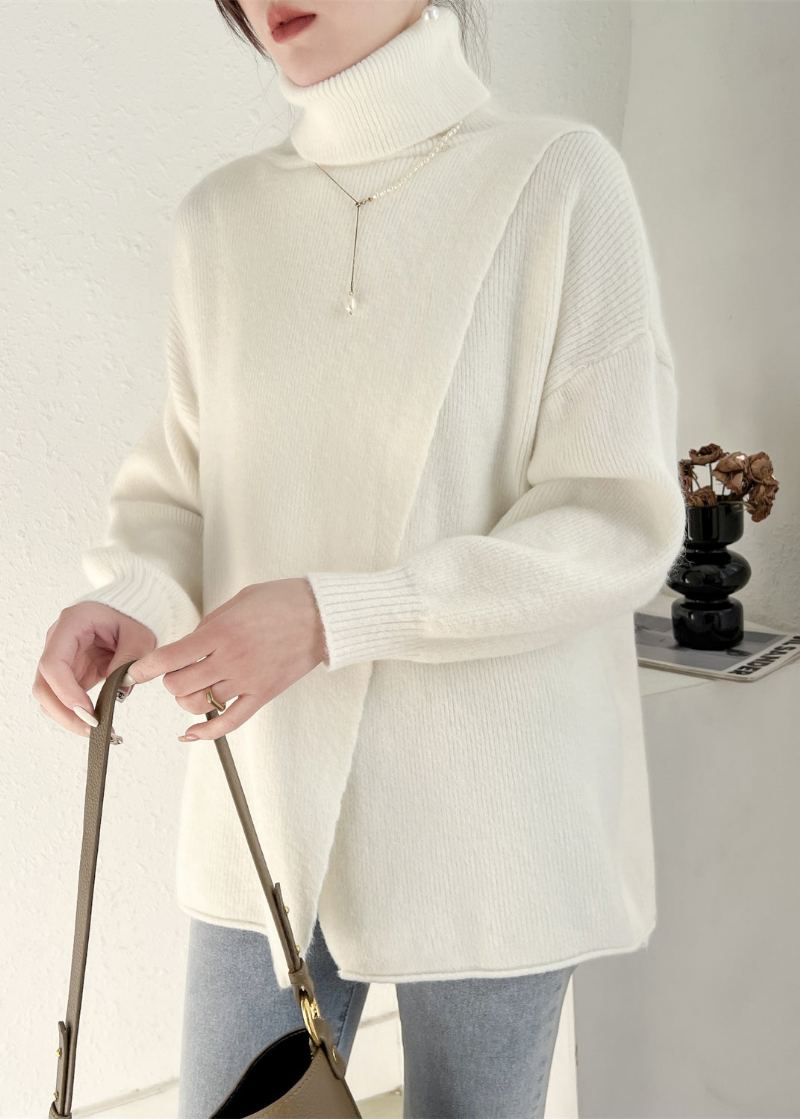 Pull En Tricot De Laine Asymétrique À Col Haut Blanc Simple Patchwork Printemps - Manteaux en laine femmes