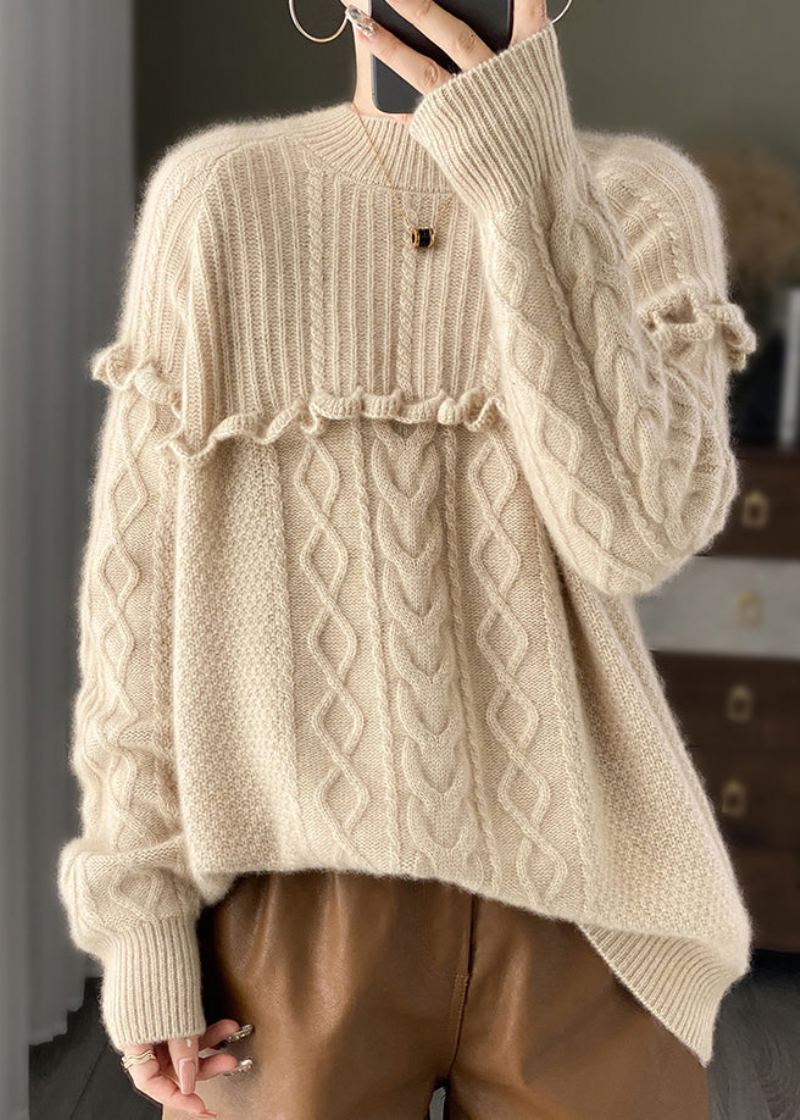 Pull En Tricot De Laine Beige Italien À Col Rond À Volants Patchwork Printemps