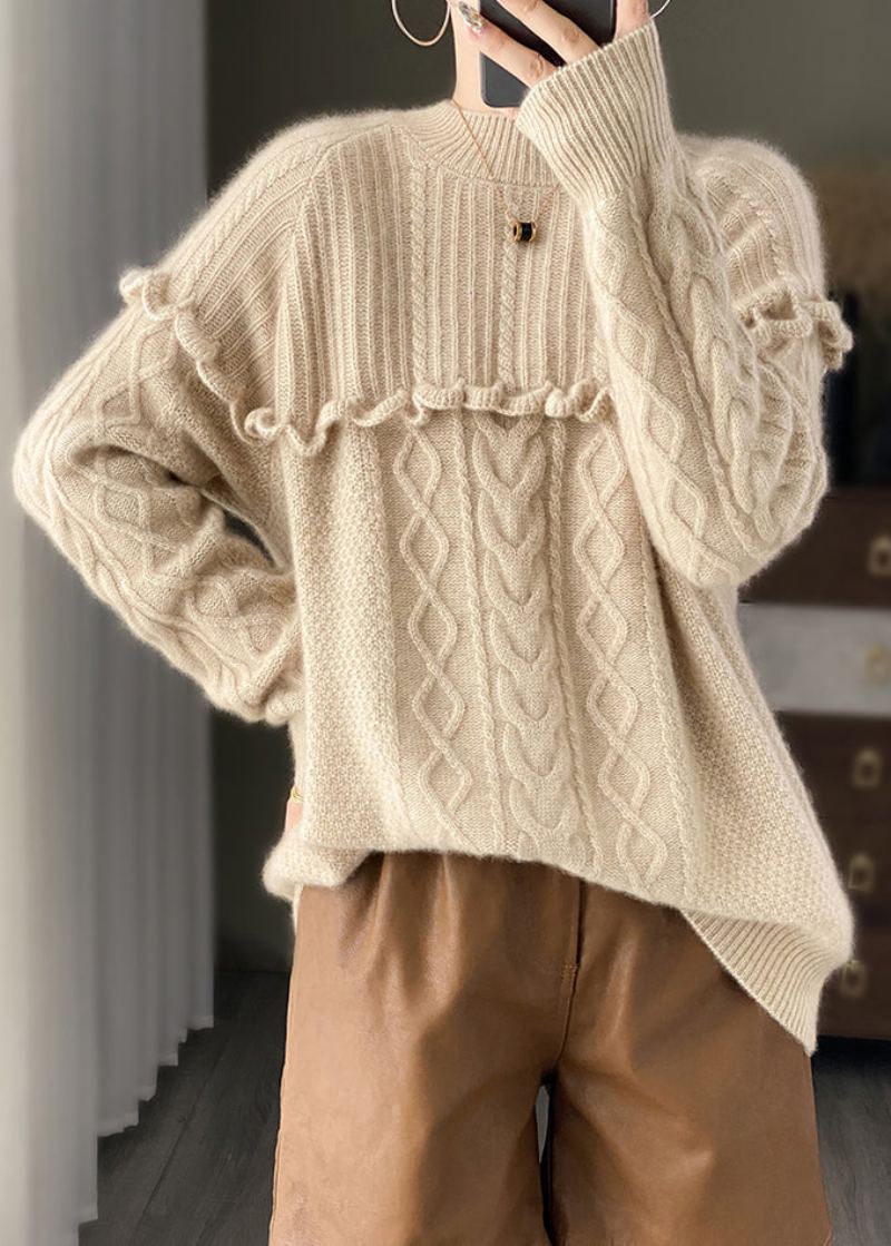 Pull En Tricot De Laine Beige Italien À Col Rond À Volants Patchwork Printemps - Manteaux en laine femmes