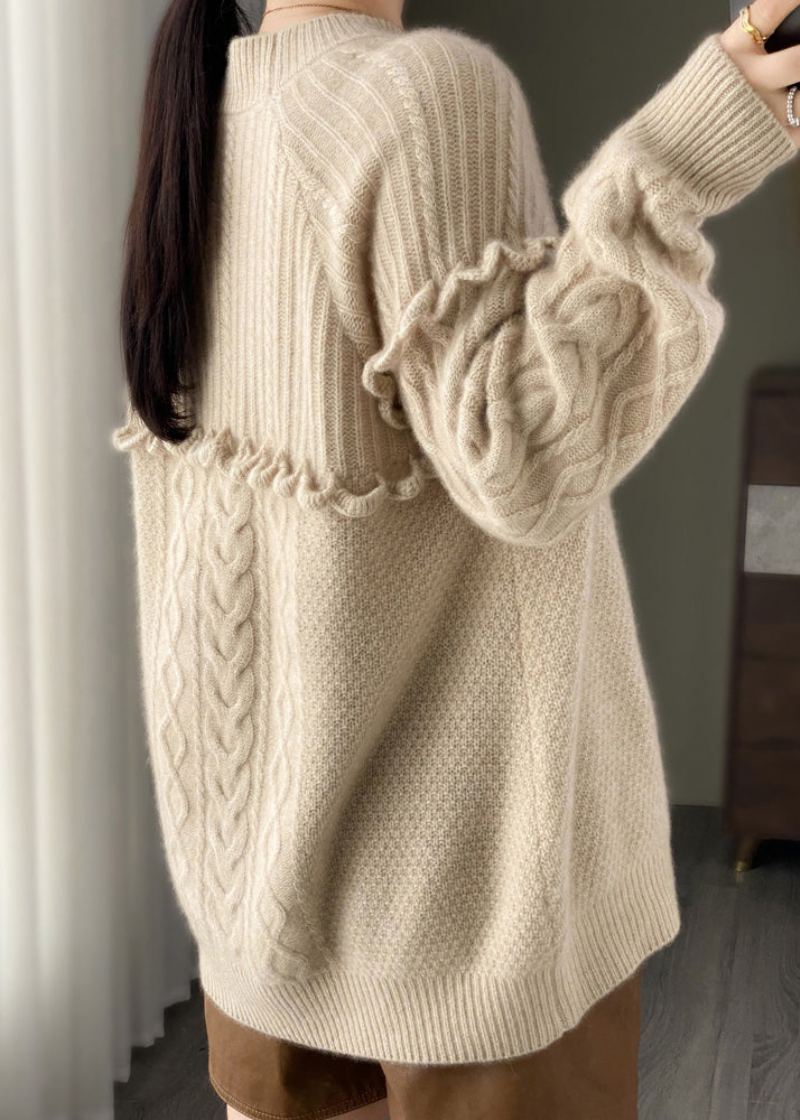 Pull En Tricot De Laine Beige Italien À Col Rond À Volants Patchwork Printemps - Manteaux en laine femmes