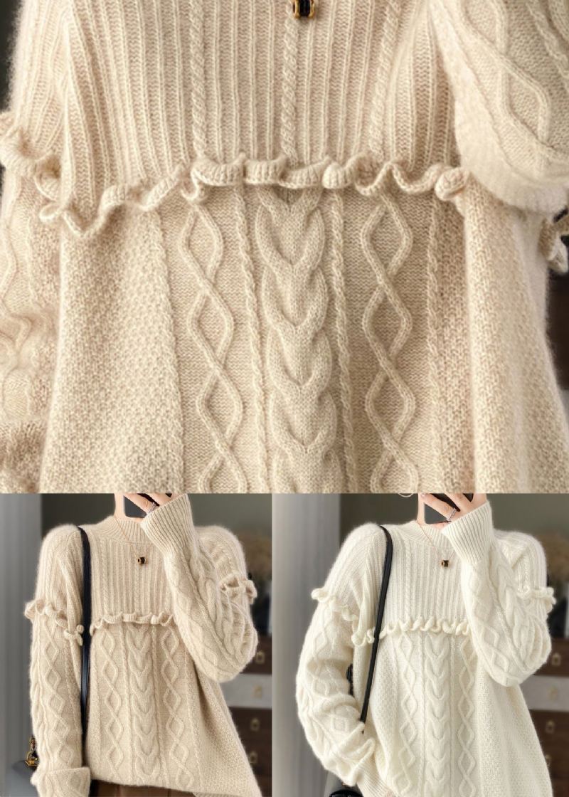 Pull En Tricot De Laine Beige Italien À Col Rond À Volants Patchwork Printemps - Manteaux en laine femmes