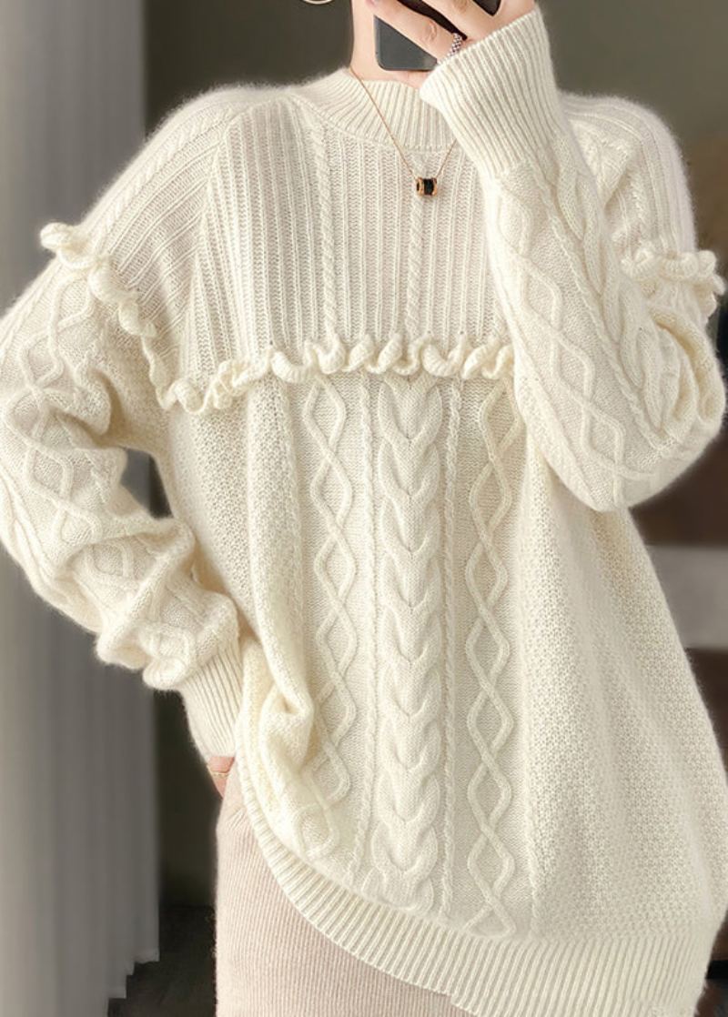 Pull En Tricot De Laine Confortable À Volants Blancs Col Rond Printemps - Manteaux en laine femmes