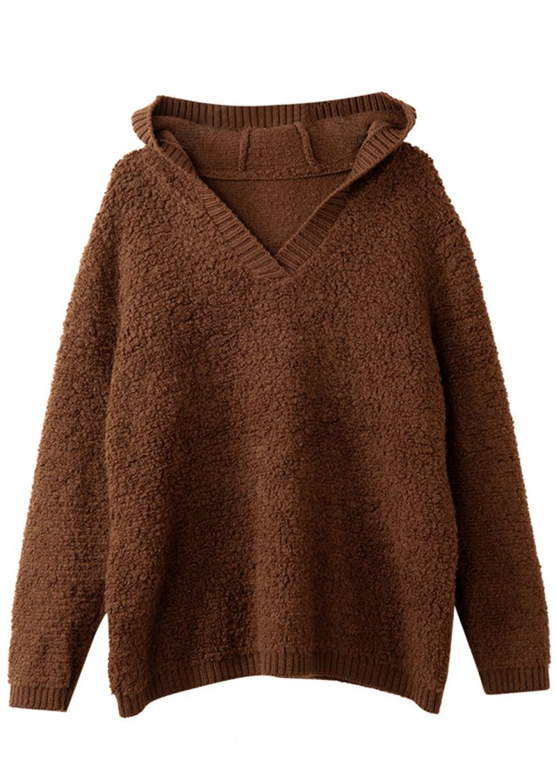 Pull En Tricot De Laine Surdimensionné À Capuche Kaki Français Hauts D'hiver - Manteaux en laine femmes