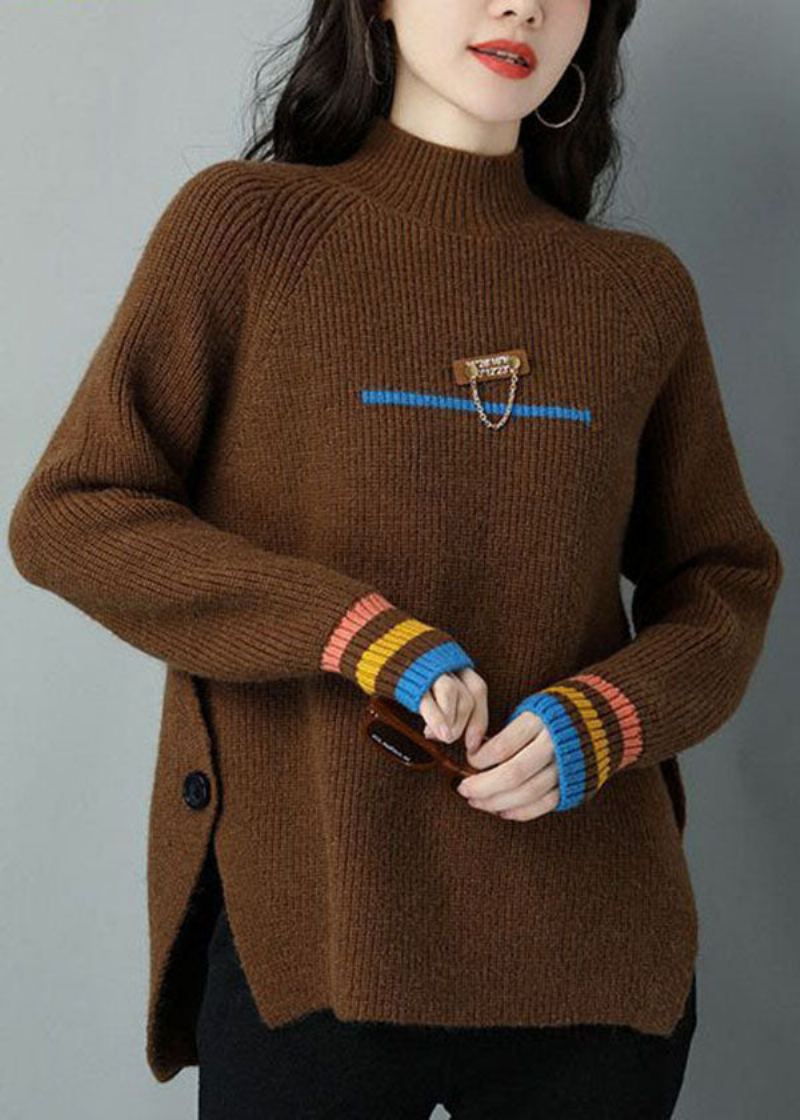 Pull En Tricot De Laine Surdimensionné Chocolat Col Haut Ouvert Sur Le Côté Hiver