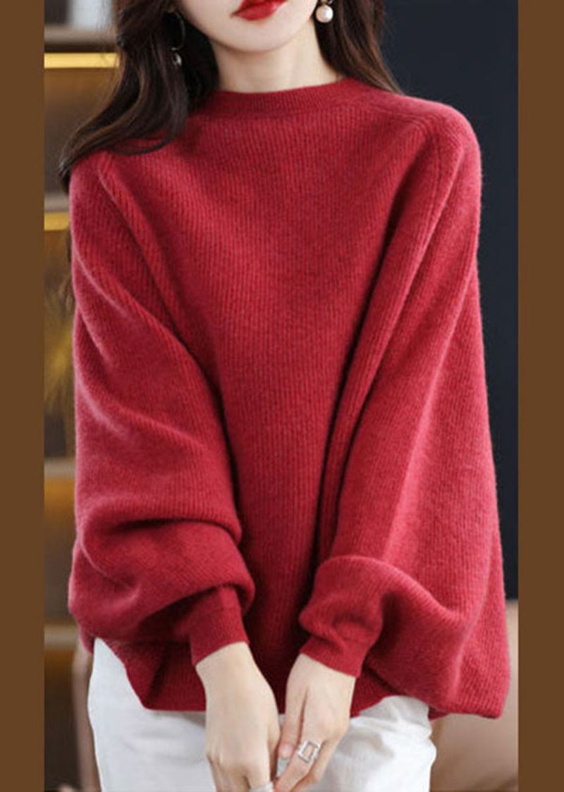 Pull En Tricot De Laine Surdimensionné À Col Rond Rouge Moderne Hauts À Manches Chauve-souris - Manteaux en laine femmes