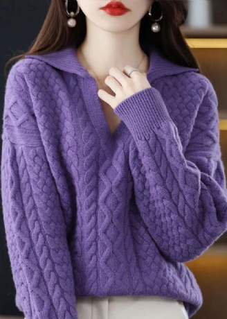 Pull En Tricot Torsadé En Laine Épaisse Col Peter Pan Violet Bricolage Hiver