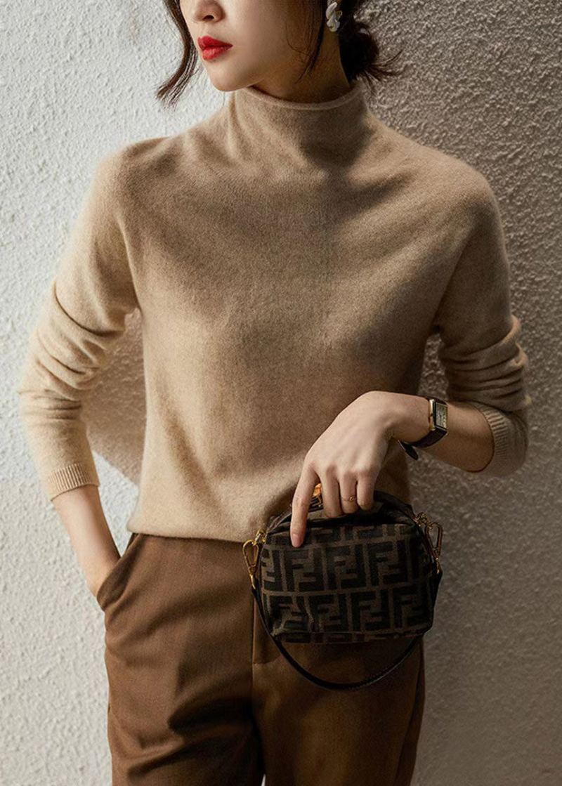 Pulls Chauds En Laine Beige Français À Col Haut Automne