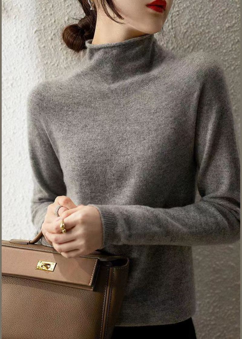 Pulls Chauds En Laine Beige Français À Col Haut Automne - Manteaux en laine femmes