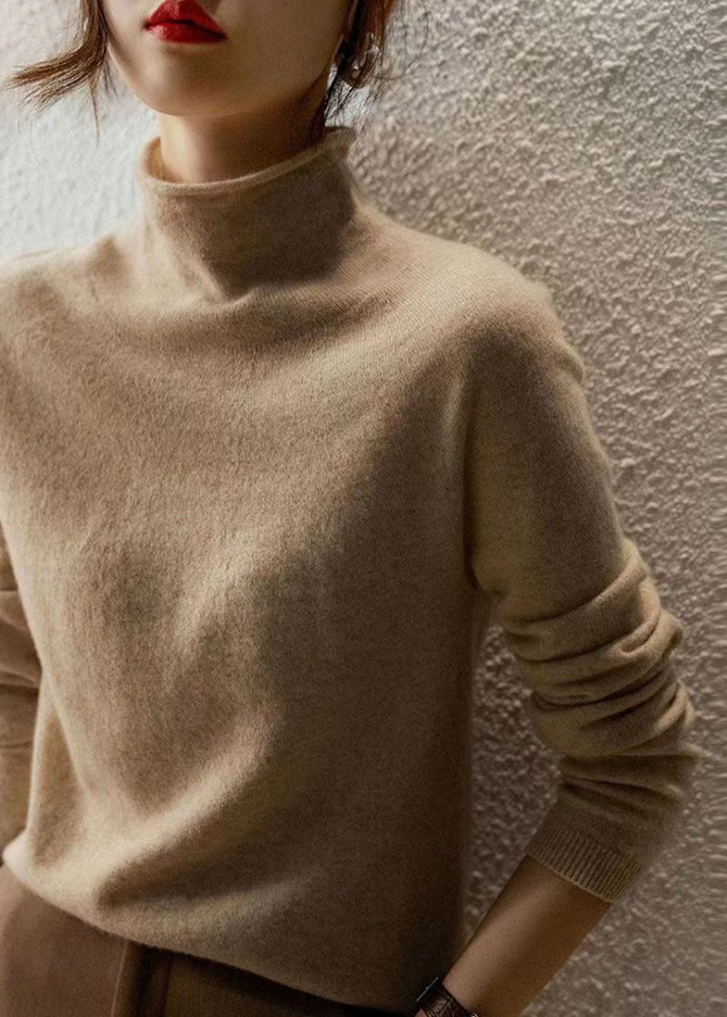 Pulls Chauds En Laine Beige Français À Col Haut Automne - Manteaux en laine femmes