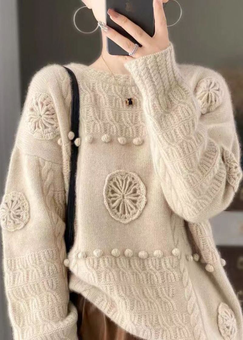 Pulls En Laine À Fleurs Avec Crochet Brodé Blanc Italien Printemps - Manteaux en laine femmes