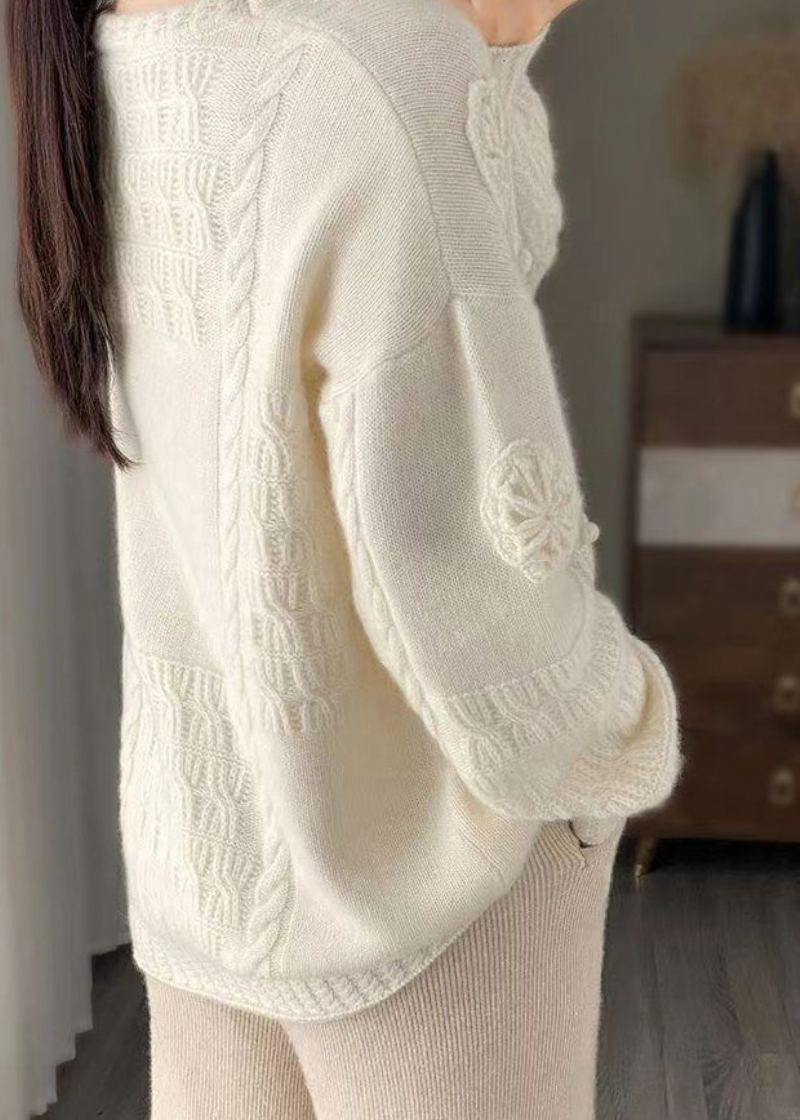 Pulls En Laine À Fleurs Avec Crochet Brodé Blanc Italien Printemps - Manteaux en laine femmes