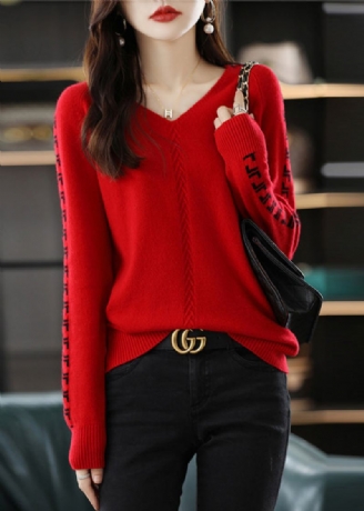 Pulls En Laine Patchwork Jacquard Rouge Col En V Faits À La Main Automne