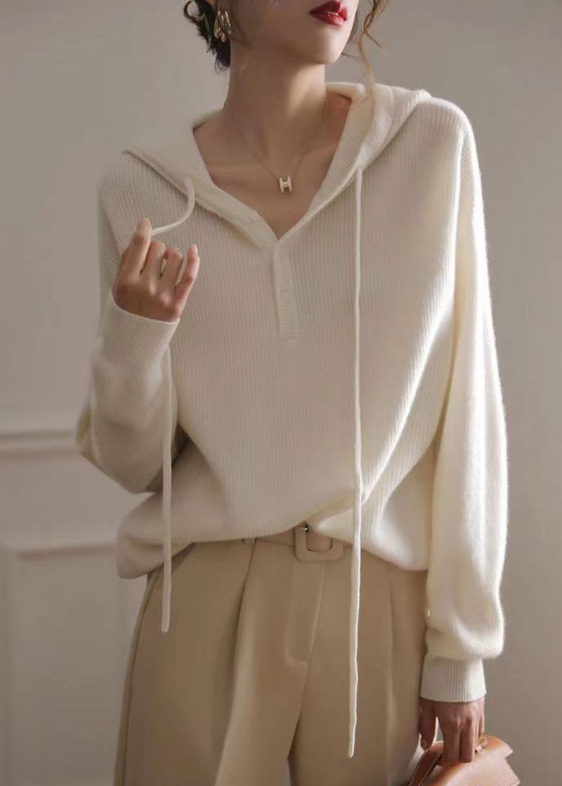 Pulls En Tricot De Laine À Capuche Blanc Français Printemps - Manteaux en laine femmes