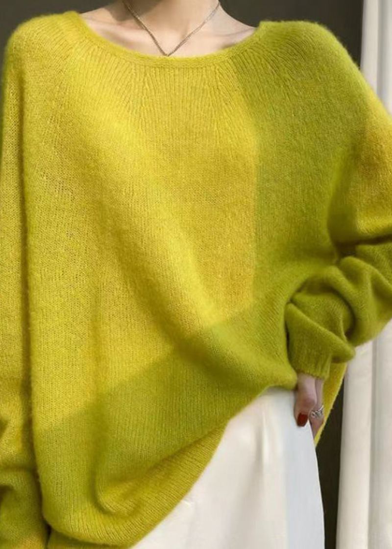 Pulls En Tricot De Laine Confortables À Col Rond Jaune Faits À La Main Automne