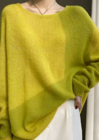 Pulls En Tricot De Laine Confortables À Col Rond Jaune Faits À La Main Automne