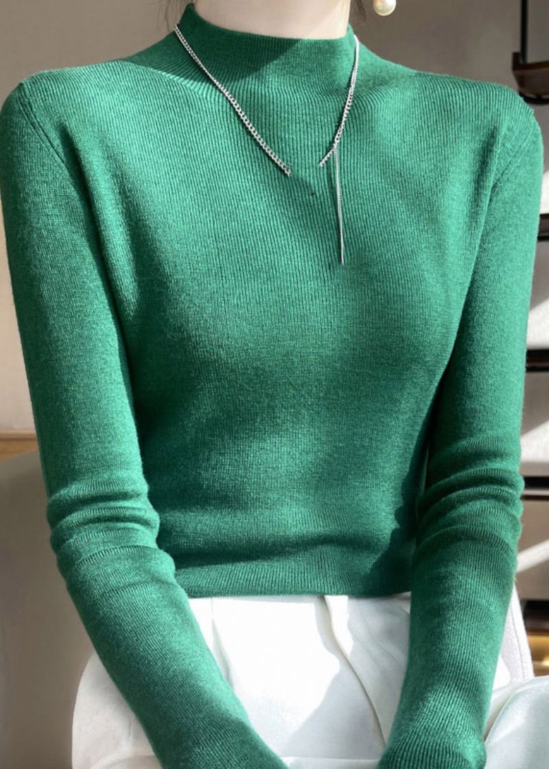 Pulls En Tricot De Laine Coupe Ajustée À Col Haut Vert Français Printemps