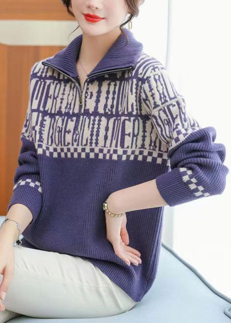 Pulls En Tricot De Laine Imprimé Violet Col Claudine Manches Longues - Manteaux en laine femmes