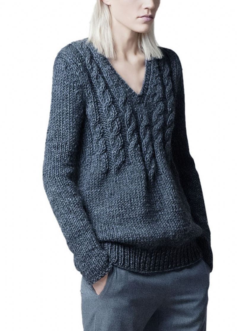 Pulls En Tricot Torsadé En Laine Épaisse À Col En V Gris Moderne Hiver - Manteaux en laine femmes