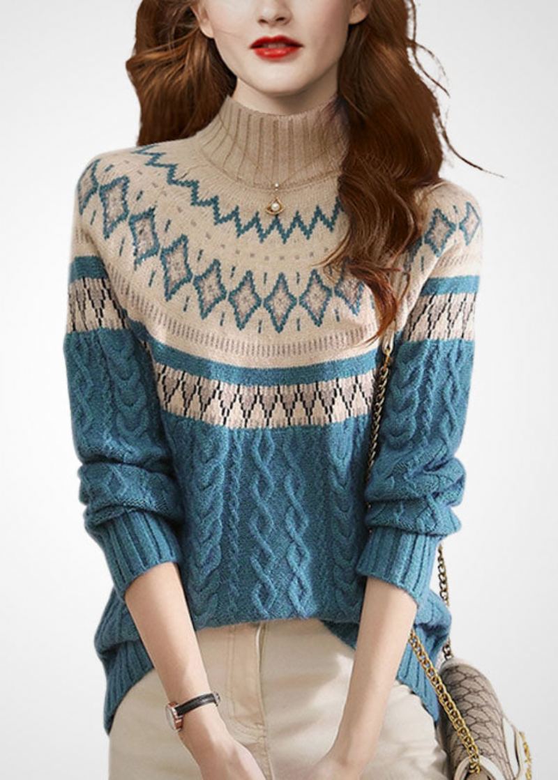 Pulls En Tricot Torsadé En Laine Imprimé Col Haut Bleu Élégant Hiver