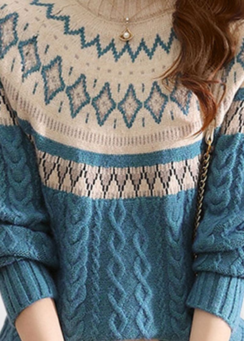 Pulls En Tricot Torsadé En Laine Imprimé Col Haut Bleu Élégant Hiver - Manteaux en laine femmes