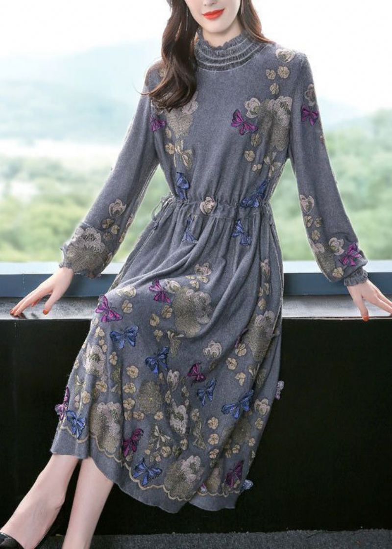 Robe Cintrée En Laine Papillon Brodée À Col Haut Gris Fin Printemps - Manteaux en laine femmes