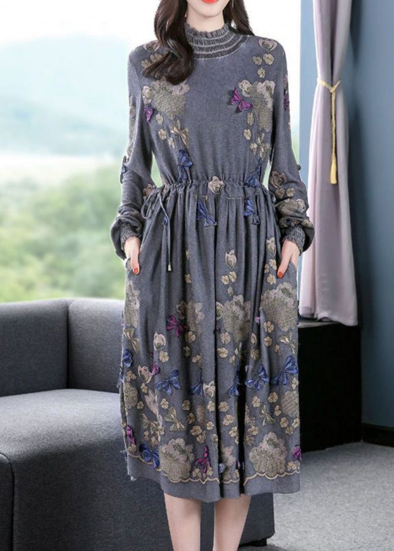 Robe Cintrée En Laine Papillon Brodée À Col Haut Gris Fin Printemps - Manteaux en laine femmes