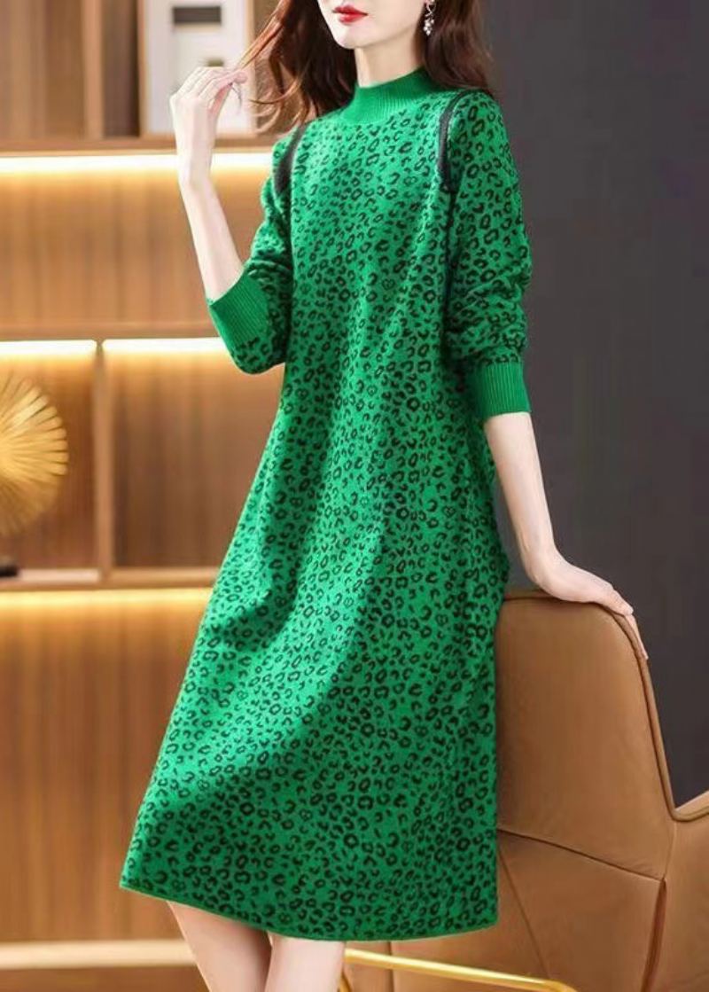 Robe Élégante En Laine Épaisse Jacquard Léopard Vert Patchwork Hiver