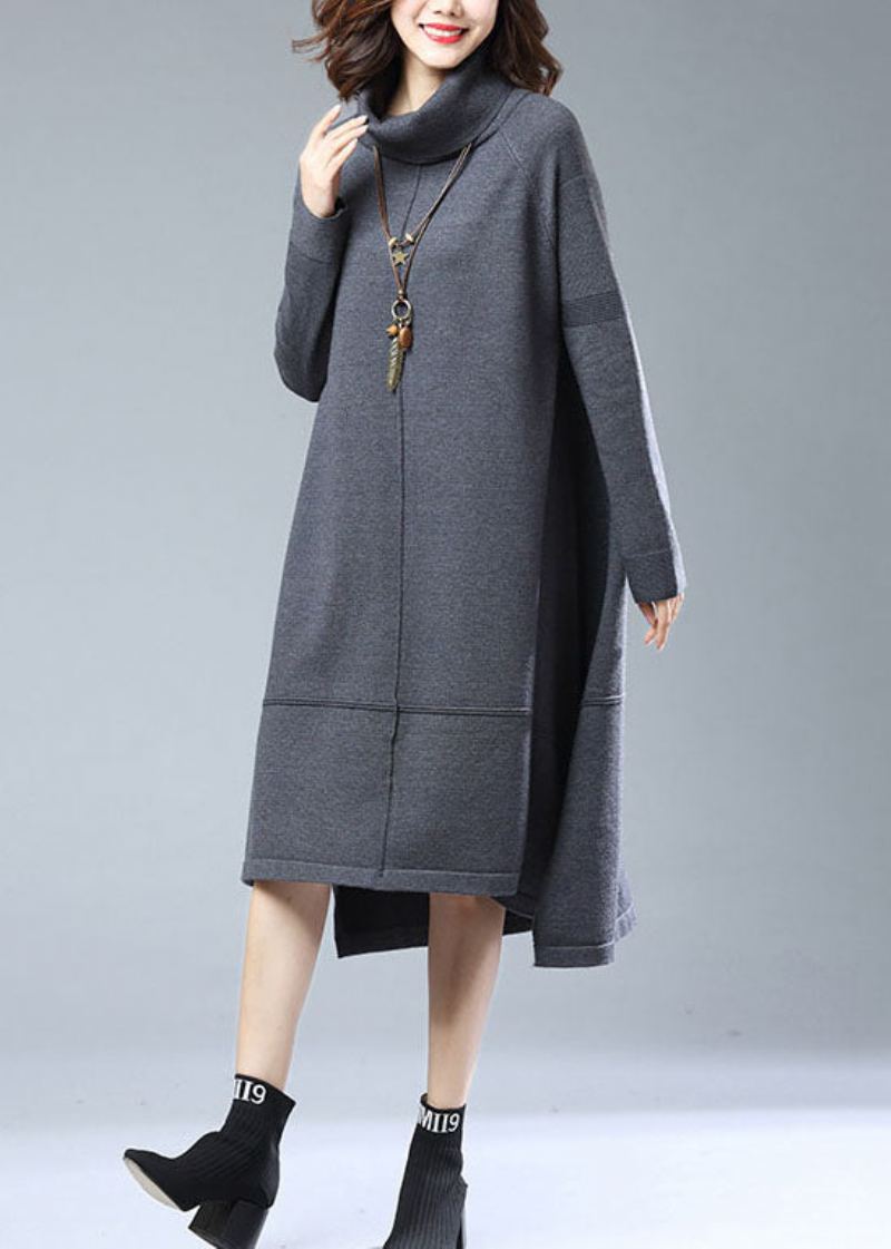 Robe En Laine À Col Roulé Gris Italien Design Bas Et Haut Patchwork Automne - Manteaux en laine femmes