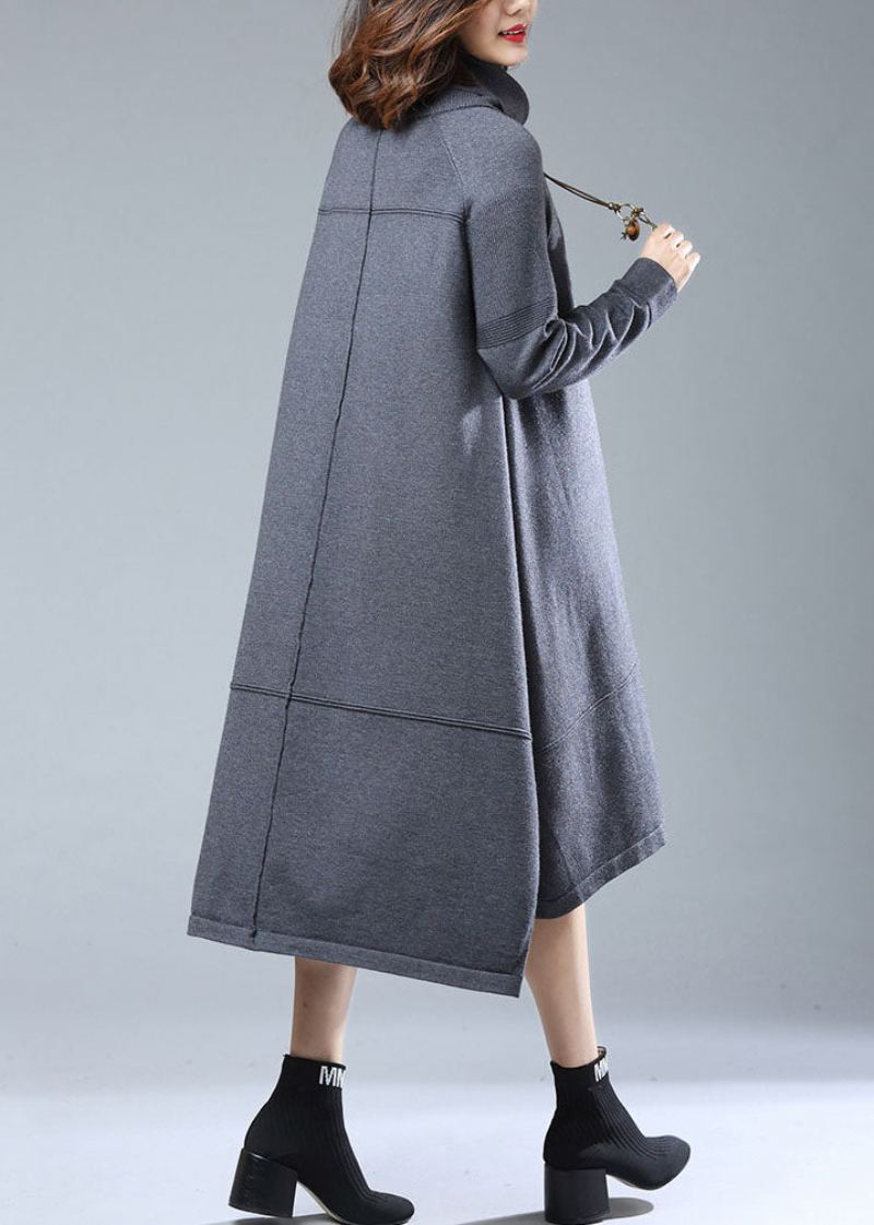 Robe En Laine À Col Roulé Gris Italien Design Bas Et Haut Patchwork Automne - Manteaux en laine femmes